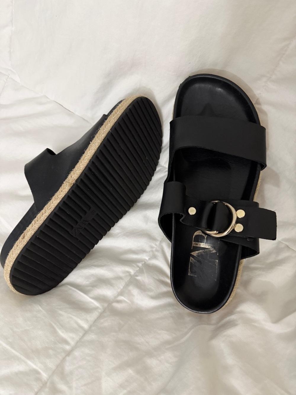 Zara Black Slide Sandals with Gold Buckle Detail